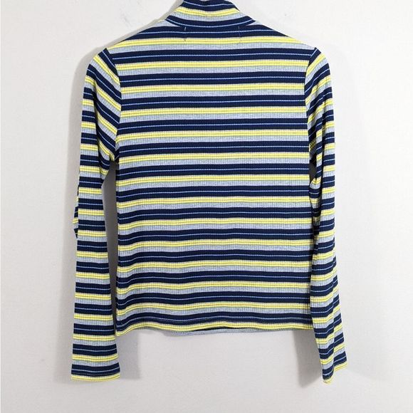 90s style striped long sleeved partial zipper top yellow blue grey size Medium - Picture 6 of 6